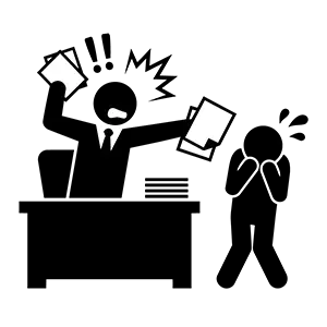 激怒して書類をばら撒きながら部下を怒鳴りつけている上司のイラスト