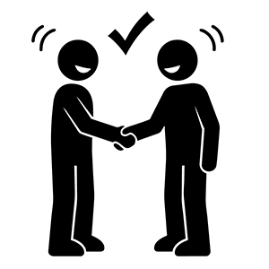 笑顔で握手をして和解や契約成立を喜ぶ二人の人物とチェックマーク