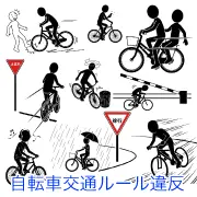 自転車の交通ルール違反・危険行為の無料イラスト素材集。二人乗り、ながらスマホ、飲酒運転、逆走などのピクトグラムが商用OK・登録不要でダウンロード可能。ビジネス資料や啓発ポスター作成に使える危険運転の違反事例画像一覧。