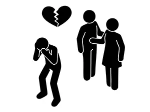 カップルを見て泣き崩れる人と割れたハートのピクトグラム