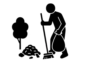 ほうきで落ち葉やゴミを集めて掃除している人のピクトグラム
