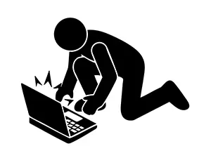 パソコンの故障やエラーに頭を抱えて慌てる人のピクトグラム