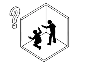 密室で相手を指差し問い詰める様子と疑問符のピクトグラム