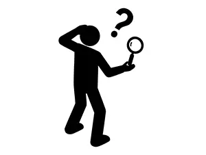 虫眼鏡を持って疑問符を浮かべ首をかしげる人のピクトグラム