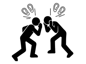 耳を塞いで相手の話を聞かずに大声で主張し合う人々のピクトグラム