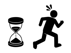 巨大な砂時計から走って逃げる人のピクトグラム
