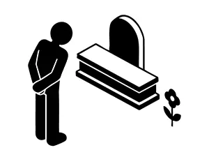 お墓の前で静かに手を合わせてお祈りをする人のピクトグラム