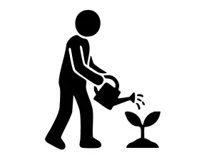 ジョウロで植物の芽に水やりをしている人のピクトグラム