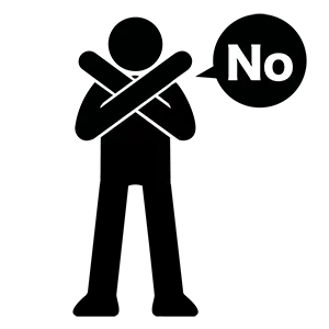 腕をクロスさせてバツのポーズをとりNoと言っている人の黒いピクトグラム