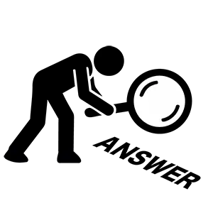 虫眼鏡を使って地面にあるANSWERという文字を発見した人のピクトグラム