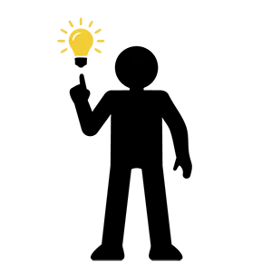 頭上に電球が光り指を立ててアイデアをひらめいた人の黒いピクトグラム