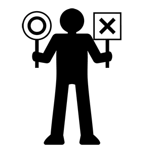 両手に丸とバツの看板を持って正誤判定や選択を迫っている人のピクトグラム