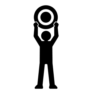 クイズの正解を示す丸いプレートを掲げる人の黒いピクトグラム