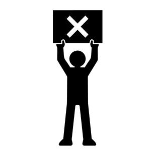 クイズの不正解や禁止を示すバツ印のプレートを掲げる人の黒いピクトグラム