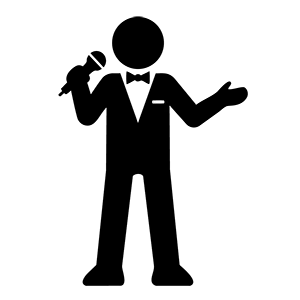 タキシードを着てマイクを持ち司会やスピーチを行っている人のピクトグラム