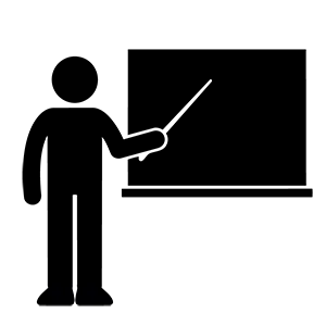 指示棒を持って黒板やホワイトボードで解説や授業を行っている人のピクトグラム