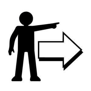 右方向を示す大きな矢印を指差して進行方向を案内している人のピクトグラム