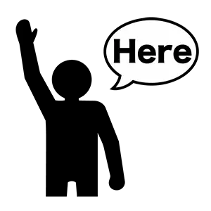 手を挙げてHereの吹き出しで存在をアピールしている人のピクトグラム