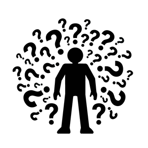 たくさんのハテナマークに囲まれてどうすべきか迷っている人のピクトグラム