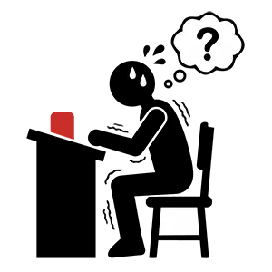 机で勉強や仕事をしながら分からない問題に直面し冷や汗をかいている人のピクトグラム
