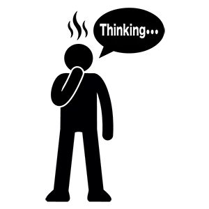 考えすぎて頭から煙を出しThinkingの吹き出しがついている人のピクトグラム