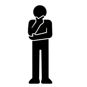 顎に手を当てて解決策を考えたり悩んだりしている人の立ち姿のピクトグラム