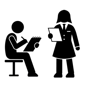 座ってメモを取る人とクリップボードを持って立つ人のカウンセリング風景のピクトグラム