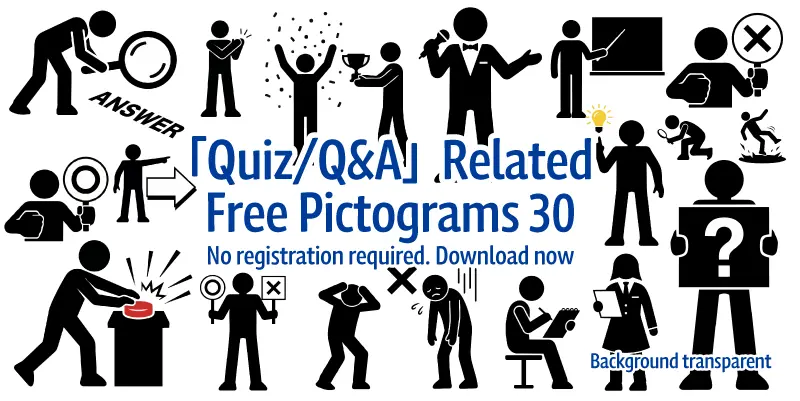 Collection of 30 free Q&A and quiz pictograms featuring correct, incorrect, buzzer, and trophy icons for business.