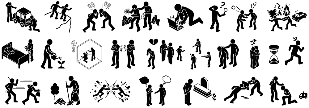 Free pictogram illustrations depicting various scenes of human emotion, incidents, accidents, and trouble