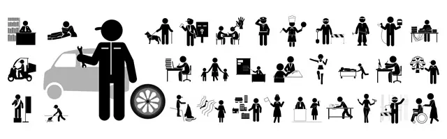 自動車整備士をメインに、配達員、警備員、医療従事者、清掃員など、様々な職業の制服を着て働く人々の様子を描いた、シンプルで使いやすいピクトグラム素材セット。