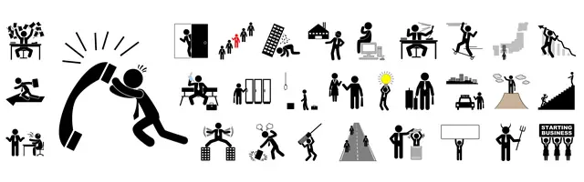 電話でのクレーム対応に苦悩する姿や、謝罪（土下座）、倒産、起業、抗議活動など、ビジネスにおけるトラブルや激しい感情の動きを表現したピクトグラム。