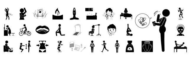 ヨガ、サウナ、洗顔、メイク、エステ、体重計測、サプリ摂取、ジム運動、ヘアケアなど、美容と健康維持・ダイエットに励む人物のピクトグラム素材セット。