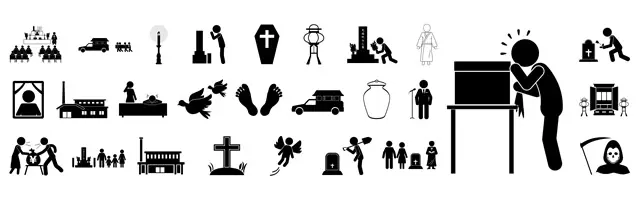 祭壇、霊柩車、焼香、火葬、納骨など葬儀の儀式や、涙する遺族、死神、お墓参りなど、お葬式と供養に関連するシーンを描いたピクトグラム素材セット。