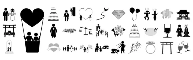 新郎新婦、ケーキカット、教会や神社での挙式、指輪交換、風船、プロポーズ、乾杯など、結婚式と披露宴の幸せなシーンを描いたピクトグラム素材セット。