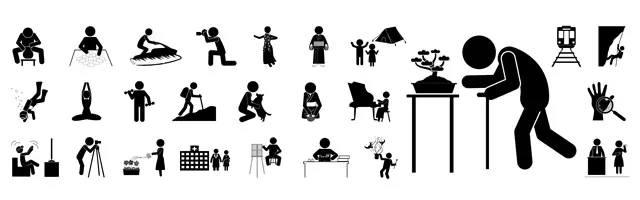 陶芸、ピアノ、登山、キャンプ、盆栽、写真撮影、ジェットスキー、ダンス、ガーデニングなど、多様な趣味や余暇を楽しむ人物ピクトグラム素材セット。