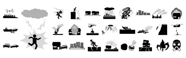 地震による家屋倒壊、火事、津波、落雷、交通事故、救助ヘリ、ガスマスク、洪水など、災害現場や緊急事態の様子を描いた防災ピクトグラム素材セット。