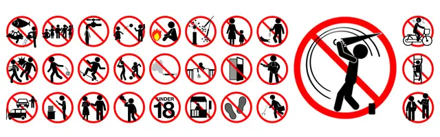 立入禁止、火気厳禁、ポイ捨て禁止、18歳未満禁止、駆け込み乗車禁止、騒音禁止など、禁止事項やマナー違反を警告するマーク形式のピクトグラム素材セット。