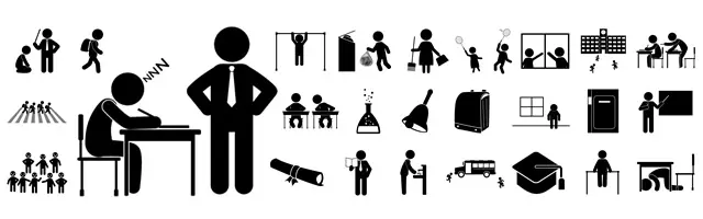 授業、掃除、部活動、登下校、居眠り、理科実験、卒業式、避難訓練、鉄棒など、学校生活や教育現場の様々なシーンを描いたピクトグラム素材セット。