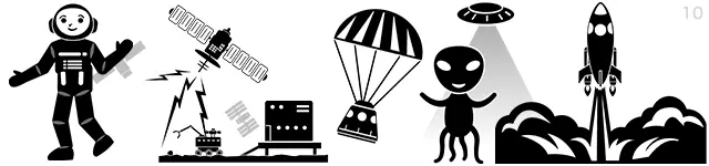 笑顔の宇宙飛行士、ロケット発射、人工衛星と通信、パラシュートでの帰還、UFOとエイリアンなど、宇宙開発やSFシーンを描いたピクトグラム素材セット。