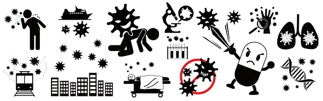ウイルス感染、咳をする人、顕微鏡観察、ウイルスと戦う薬のキャラ、肺やDNA、パンデミックなど、病気や感染症対策を描いたピクトグラム素材セット。