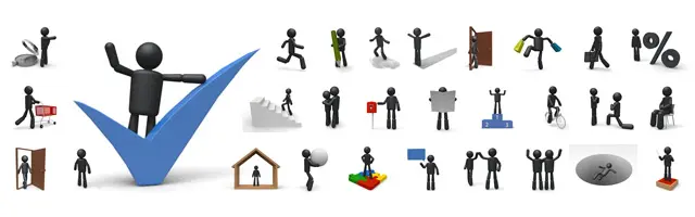 青いチェックマークで成功を示す人物を中心に、買い物、ドアの開閉、階段昇降、ポスト投函、表彰台、プレゼン、穴への落下など、多様な日常やビジネスシーンの3Dピクトグラム素材セット。