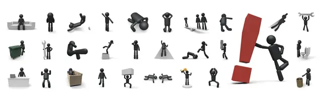 赤い感嘆符で驚きや注意を示す人物、頭を抱えて悩む、転倒、崖でバランスをとる、ゴミ箱を漁る、会議、成功の万歳など、感情やトラブル、思考に関する3D人物素材の詰め合わせ。