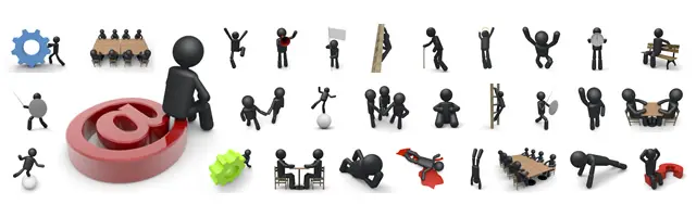 赤いアットマークに座る人物、歯車を回す、会議、握手での協力、チームワーク、電話や拡声器での連絡、倒れた人を助ける様子など、ビジネスやコミュニケーション関連の3D素材セット。