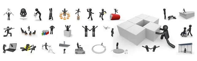 白いブロックを協力して組み立てるチーム、車椅子を押す、バス停で待つ、パソコン操作、逆立ち、火の輪くぐり、協力して引っ張るなど、チームワークや多様な日常・アクションの3D素材。