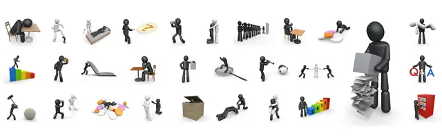 大量の書類を抱える様子、Q&A、デスクでの居眠り、病気や介護、ビジネスグラフの上昇、積み木崩し、喧嘩の仲裁など、仕事の負担や健康、ビジネス状況に関する3D素材セット。