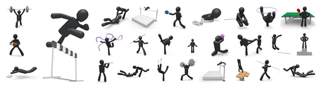 ハードル走の跳躍シーンをメインに、重量挙げ、走り高跳び、新体操のリボン、やり投げ、表彰台での喜び、準備運動のストレッチなど、陸上競技やフィットネス関連の3D素材セット。